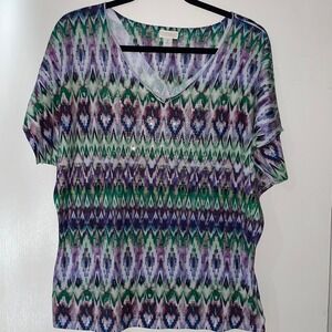 Chicos V Neck Geometric Print Rhinestone Blouse Top T-shirt Shirt Sz L Chicos 2